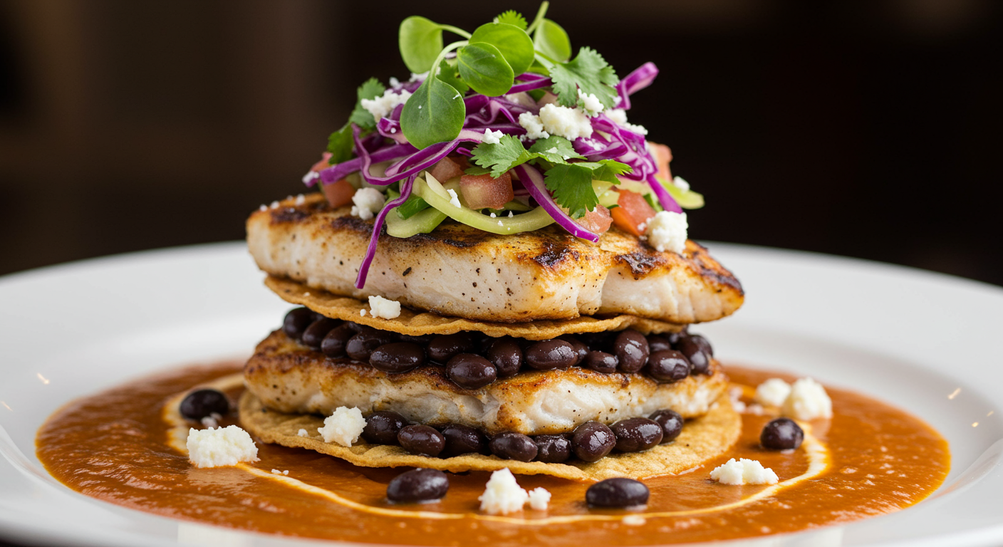 Close-up of a gourmet tuna dish topped with fresh greens and purple cabbage slaw, served with black beans.