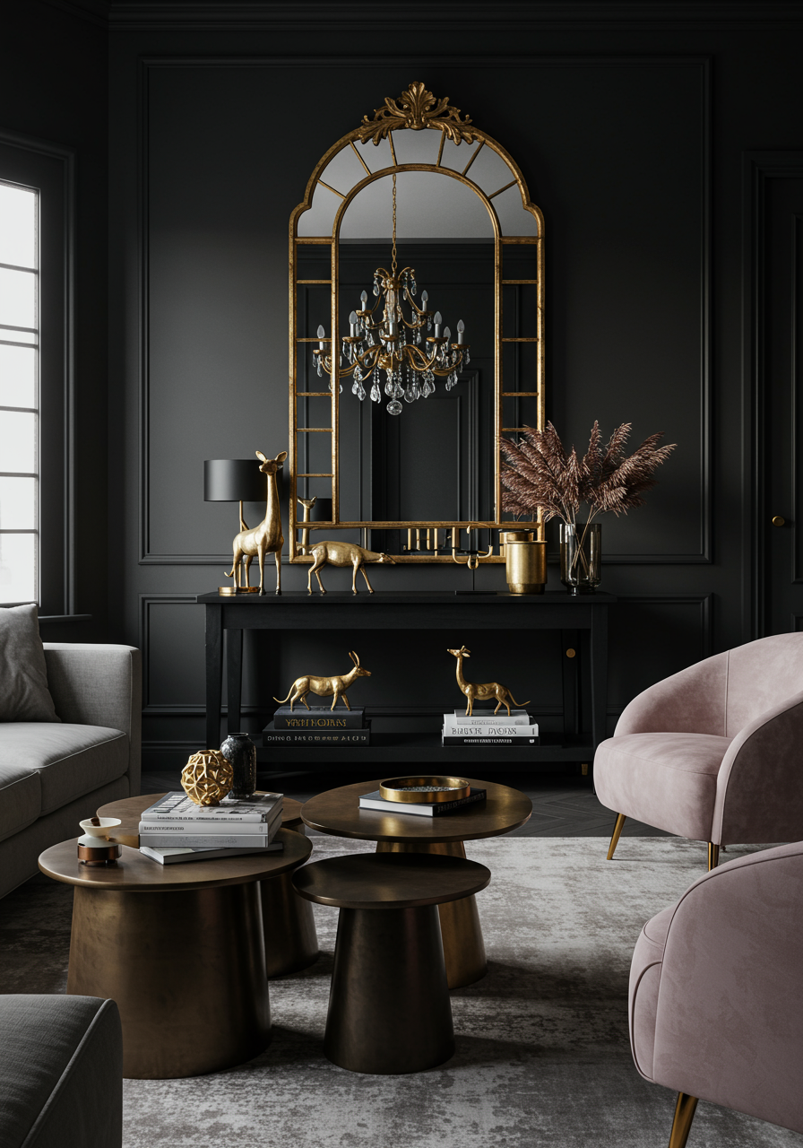 Back living room with pair of blush velvet accent chairs and metallic coffee tables.