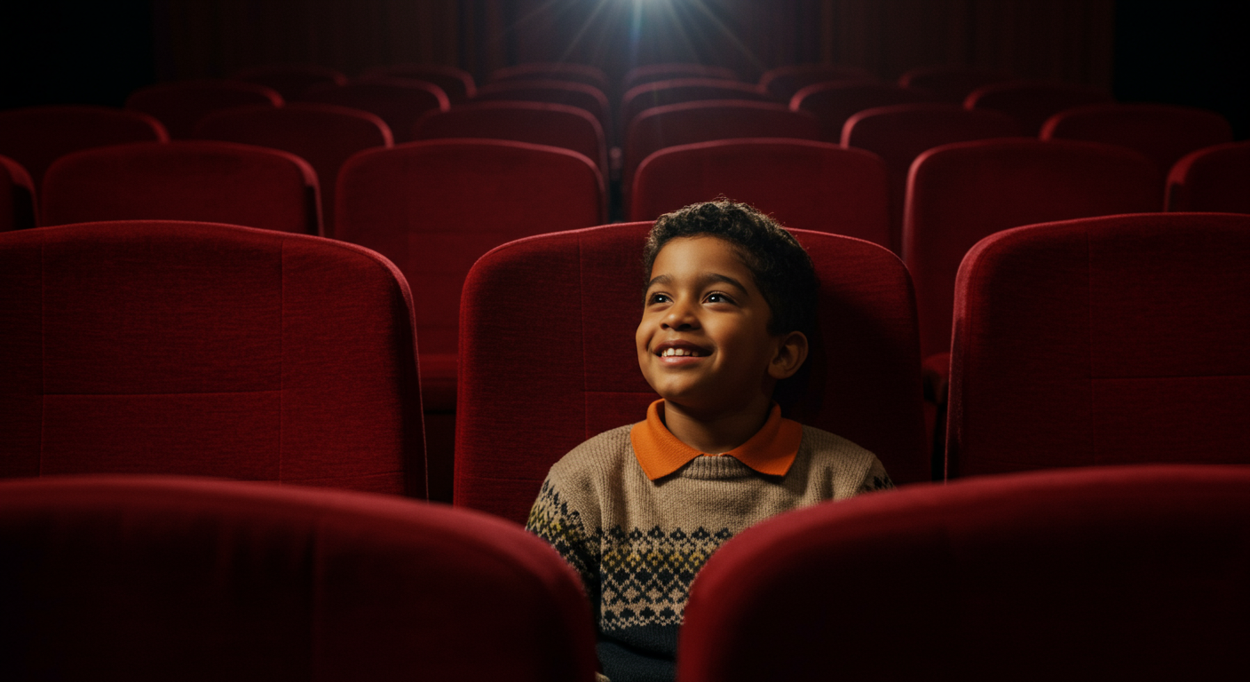 A smiling boy looks up from a seat in a dark theater surrounded by red seats.