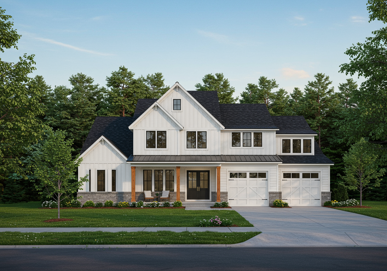 White two-story farmhouse with a covered porch, two garage doors, and a tree-lined yard.