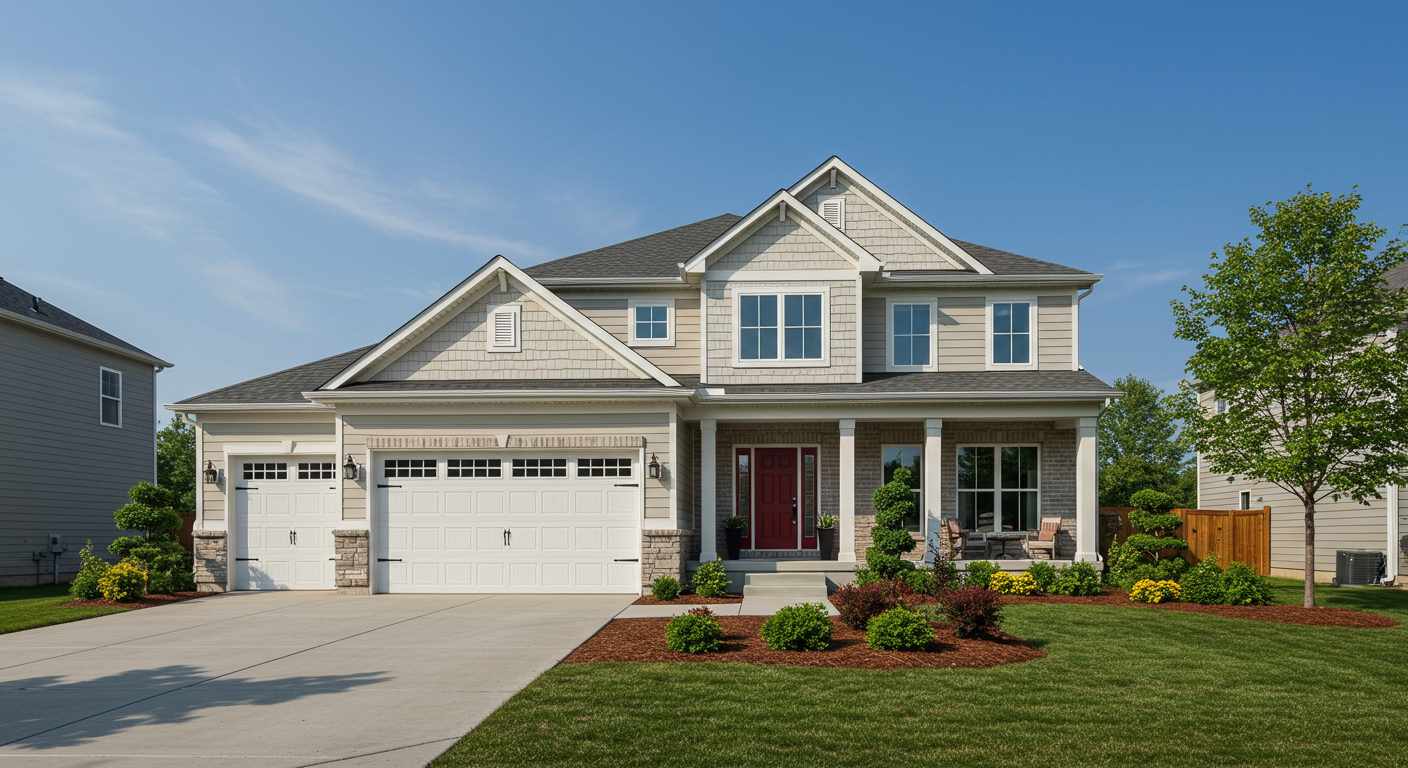 Large modern house with three garage spaces and concrete driveway