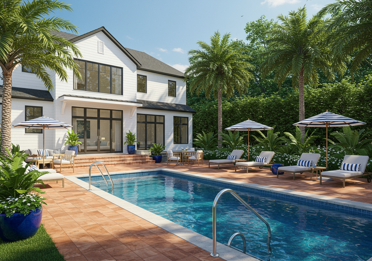 Backyard with lush landscaping, pool, and large home.