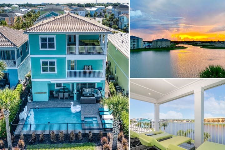 A house with a private pool and a swan float in the backyard.