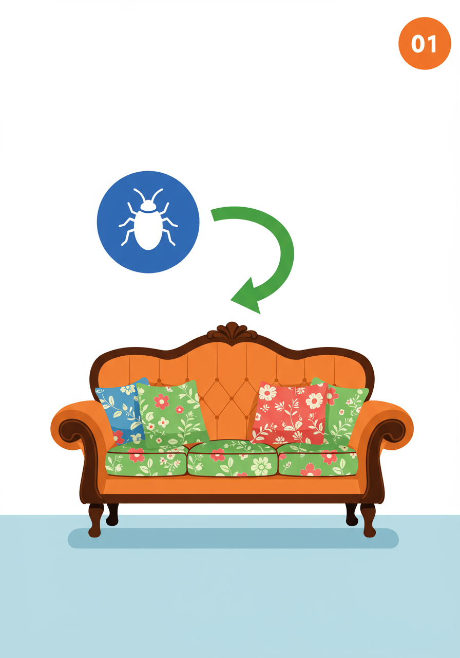 A bug icon and arrow point to a floral-cushion sofa; tip 01.