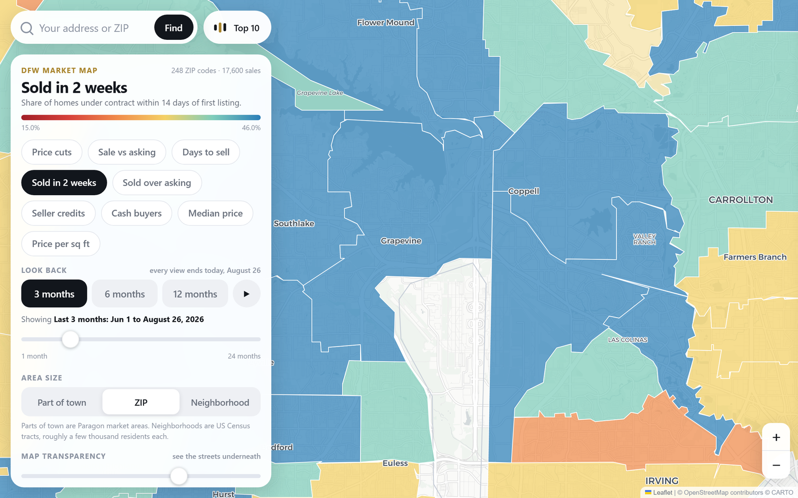 Paragon market map, "Sold in 2 weeks" layer: share of homes under contract within 14 days of first listing. Source: Paragon market map (NTREIS), payload generated August 26, 2026, zoomed to Grapevine.