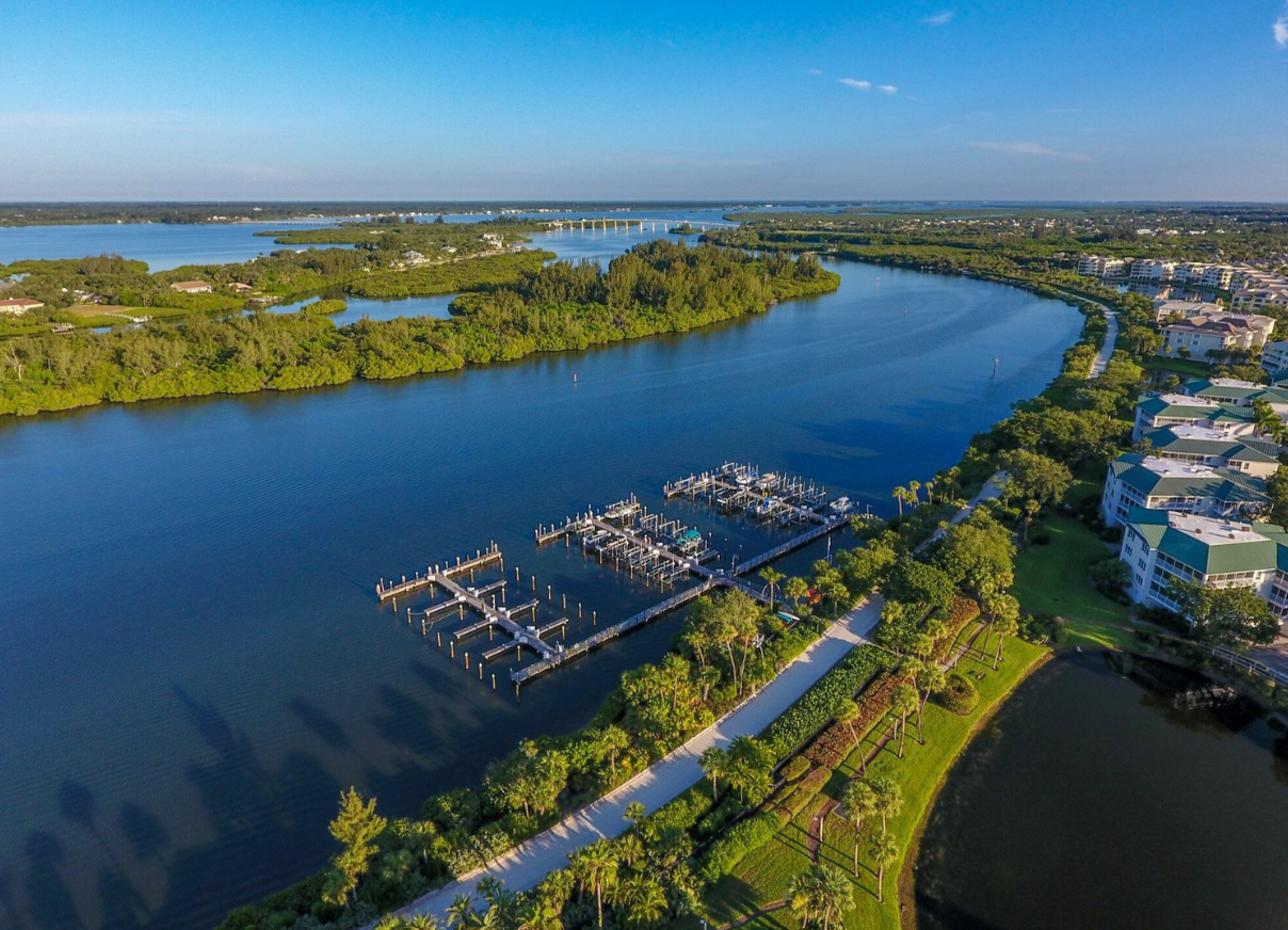Aerial view of a private community marina and docks on the Indian River Lagoon in Vero Beach, Florida
