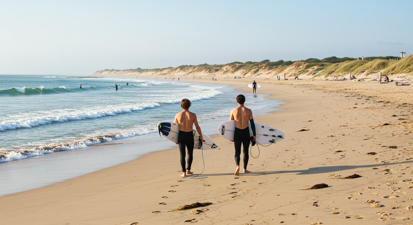 Two boys carrying surfboards walking on the sand along the ocean water