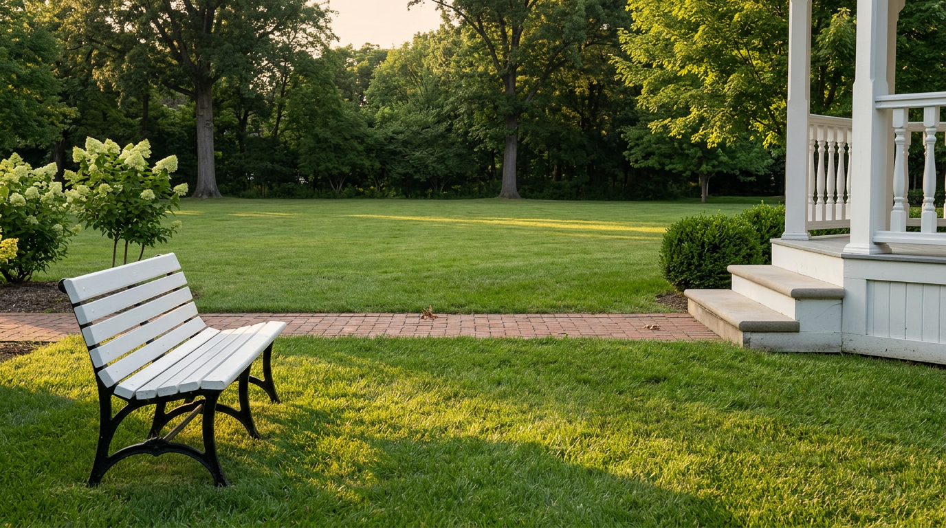 Landscaped Village of WestClay green with lawn garden bench and brick walkway
