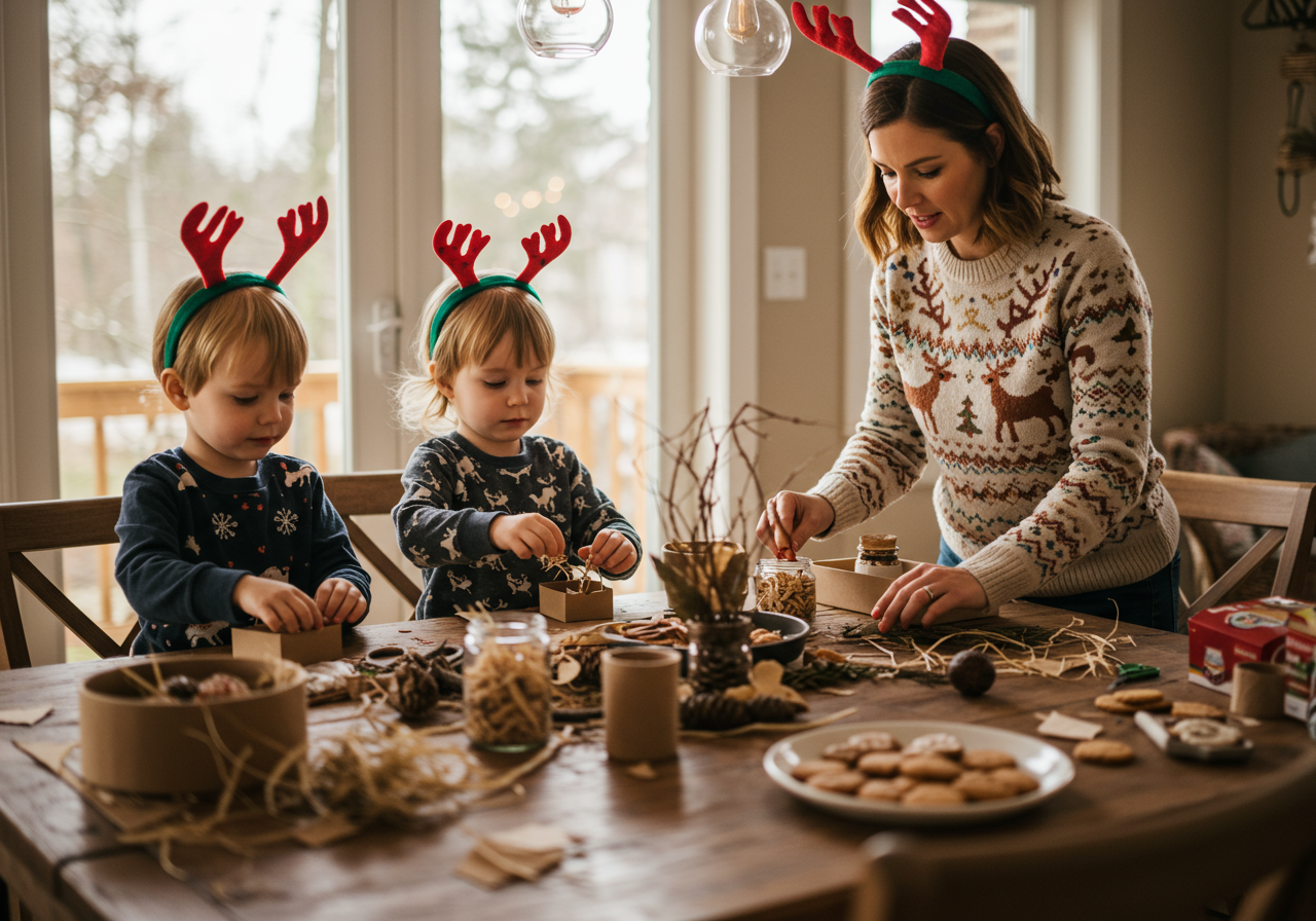 Young woman making Christmas decorations with her daughters