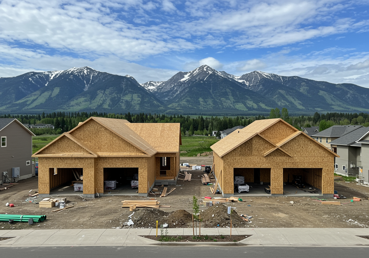 Building progress on a detached house in a housing development.
