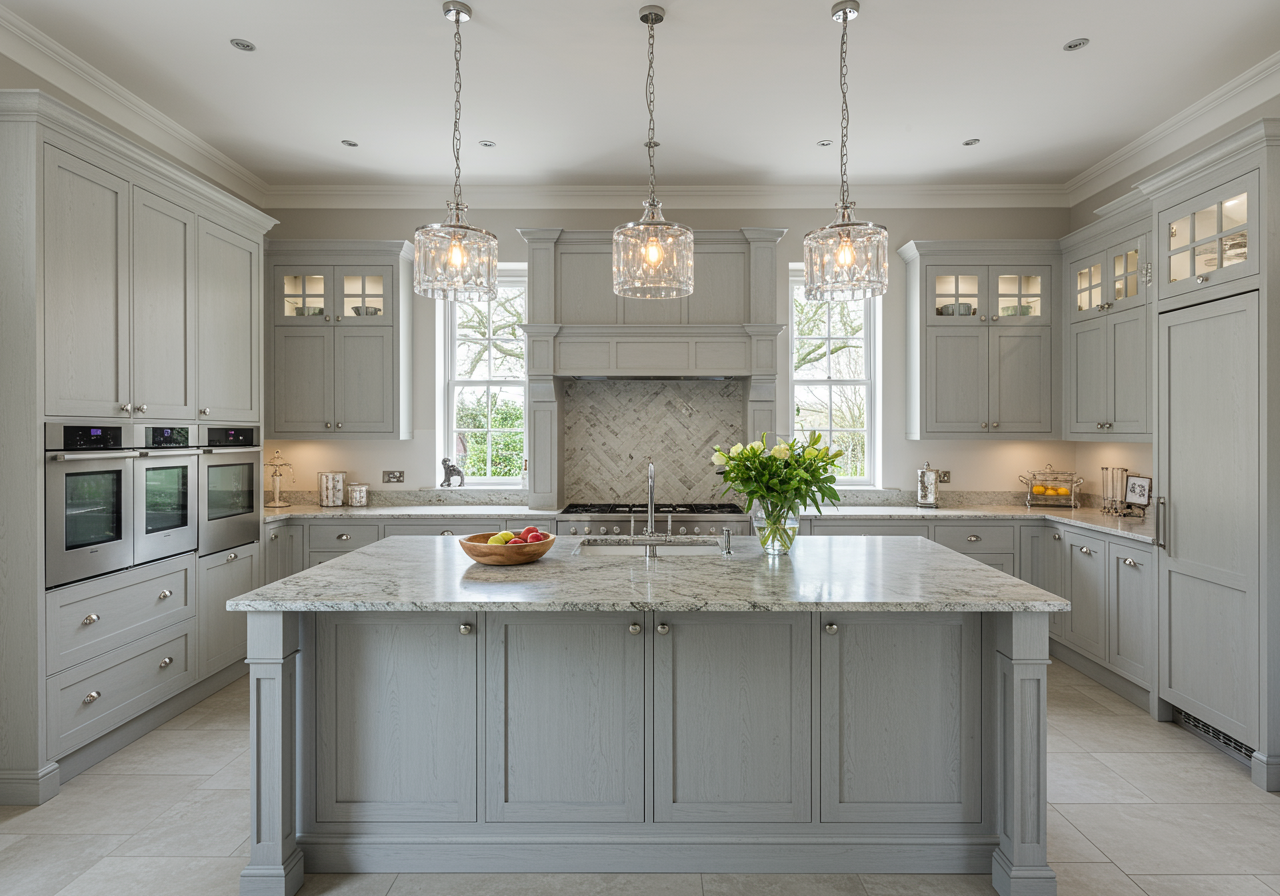 Kitchen with a large stone-topped island, gray cabinetry, double ovens, and three glass pendant lights.