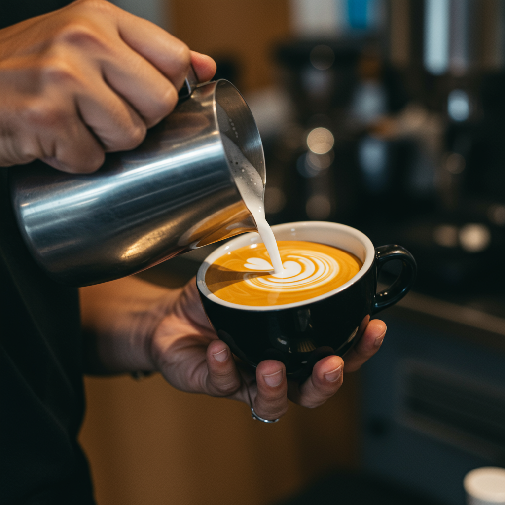 Steamed milk is poured into espresso, forming latte art in a black cup.