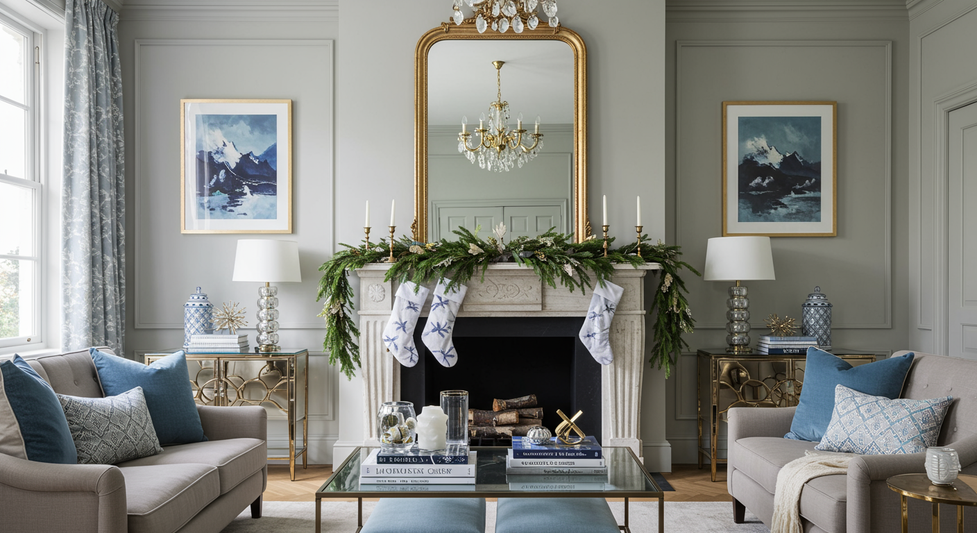 a living room with a large mirror