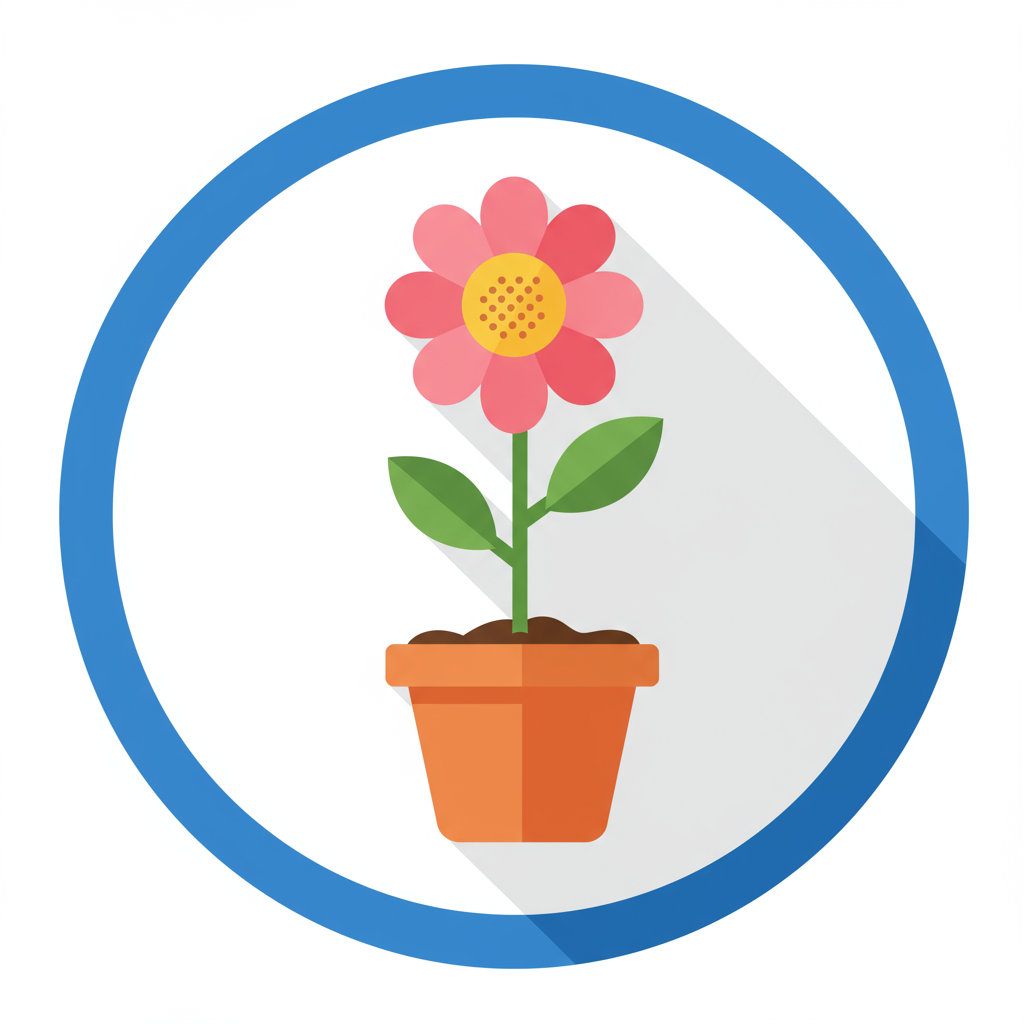 Pink flower in an orange pot inside a blue circle.
