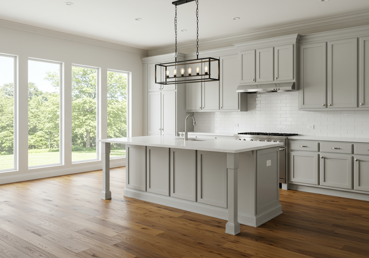 An empty dining room and kitchen