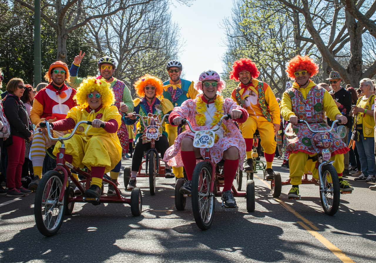 Costumed participants prepare to descend Vermont Street during the annual Bring Your Own Big Wheel event, on Sunday, April 17, in San Francisco.&nbsp;
