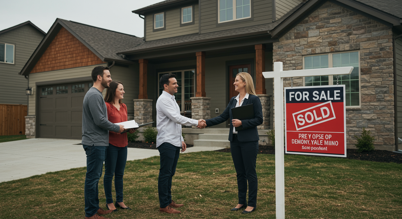 Real estate agent shaking hands with a couple in front of a sold house with a 'House For Sale Sold' sign.