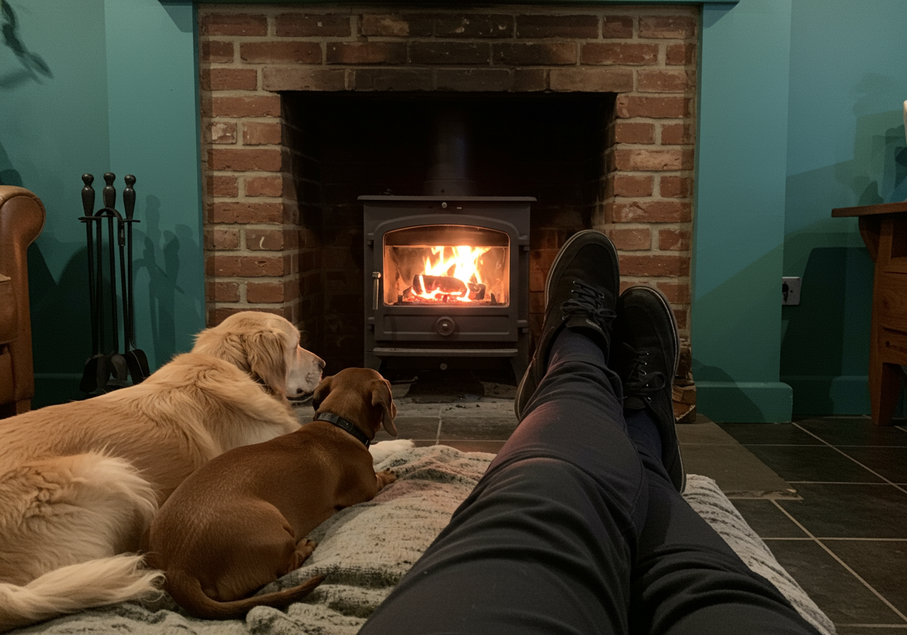 A woman sitting on a couch with two dogs by a fireplace