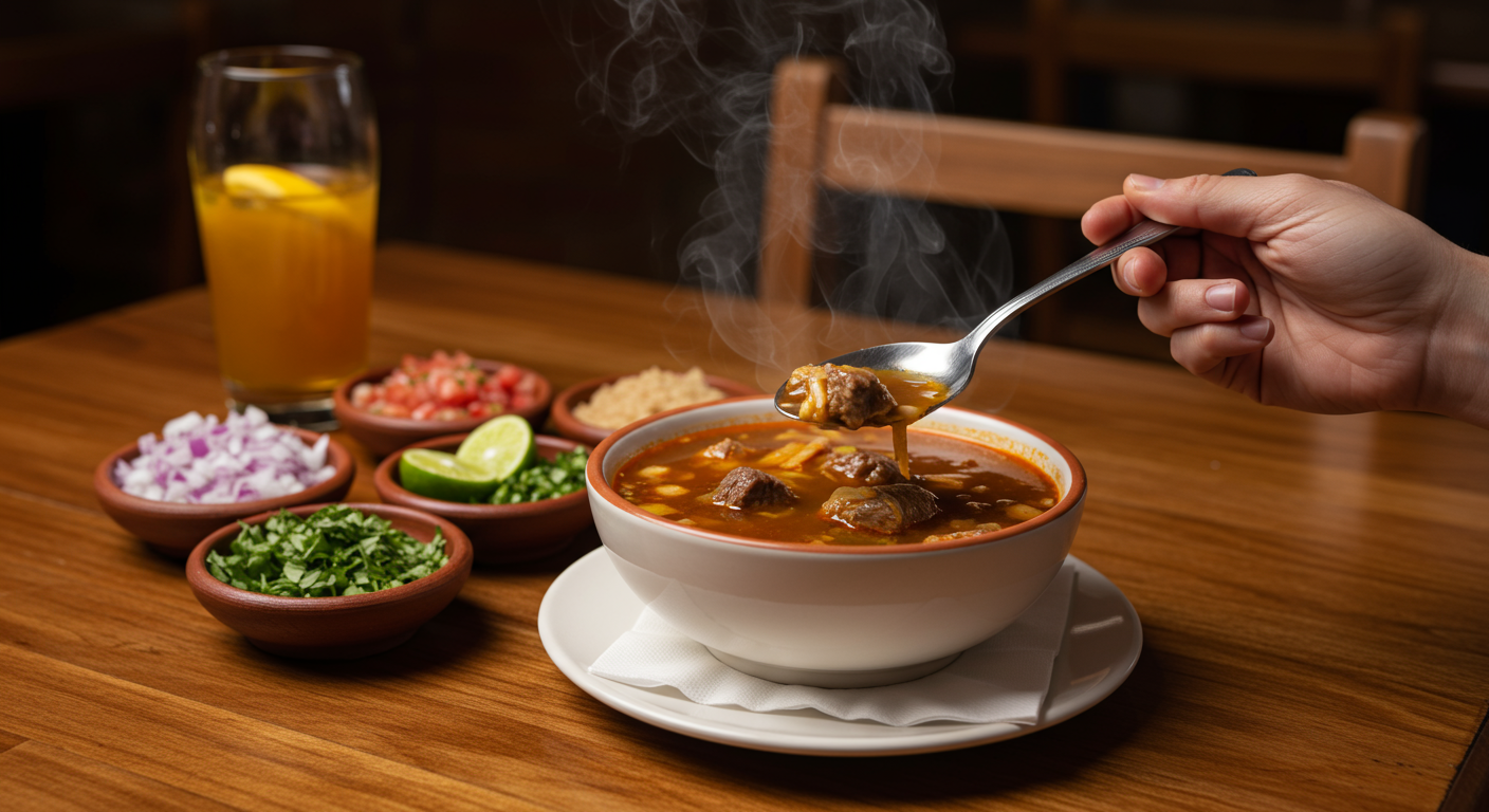 A person lifts a spoonful of lugaw out of a bowl.