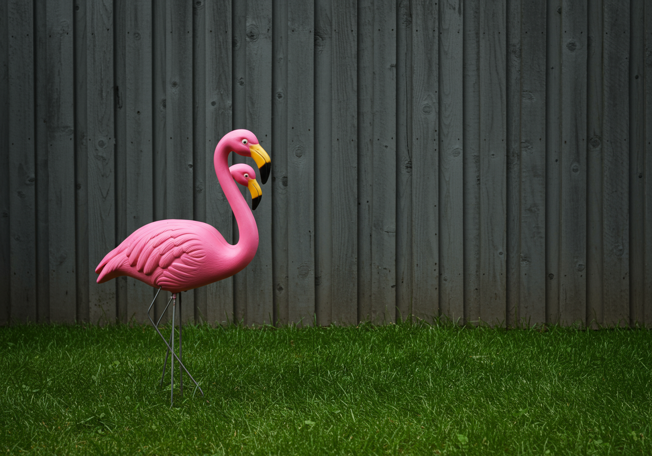 two pink plastic flamingo lawn ornaments on a yard with a wooden fence