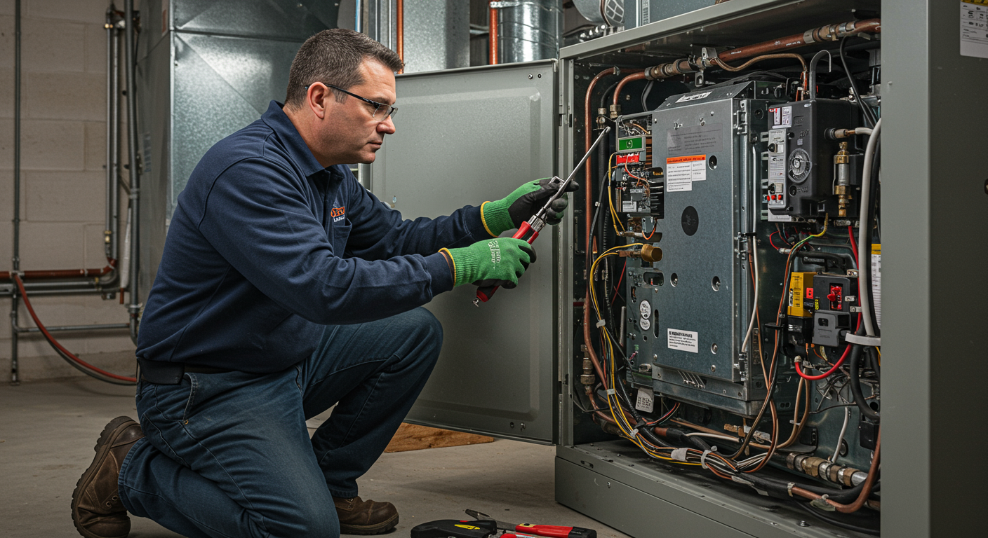 Professional Wearing Goggles and Gloves Inspecting Furnace