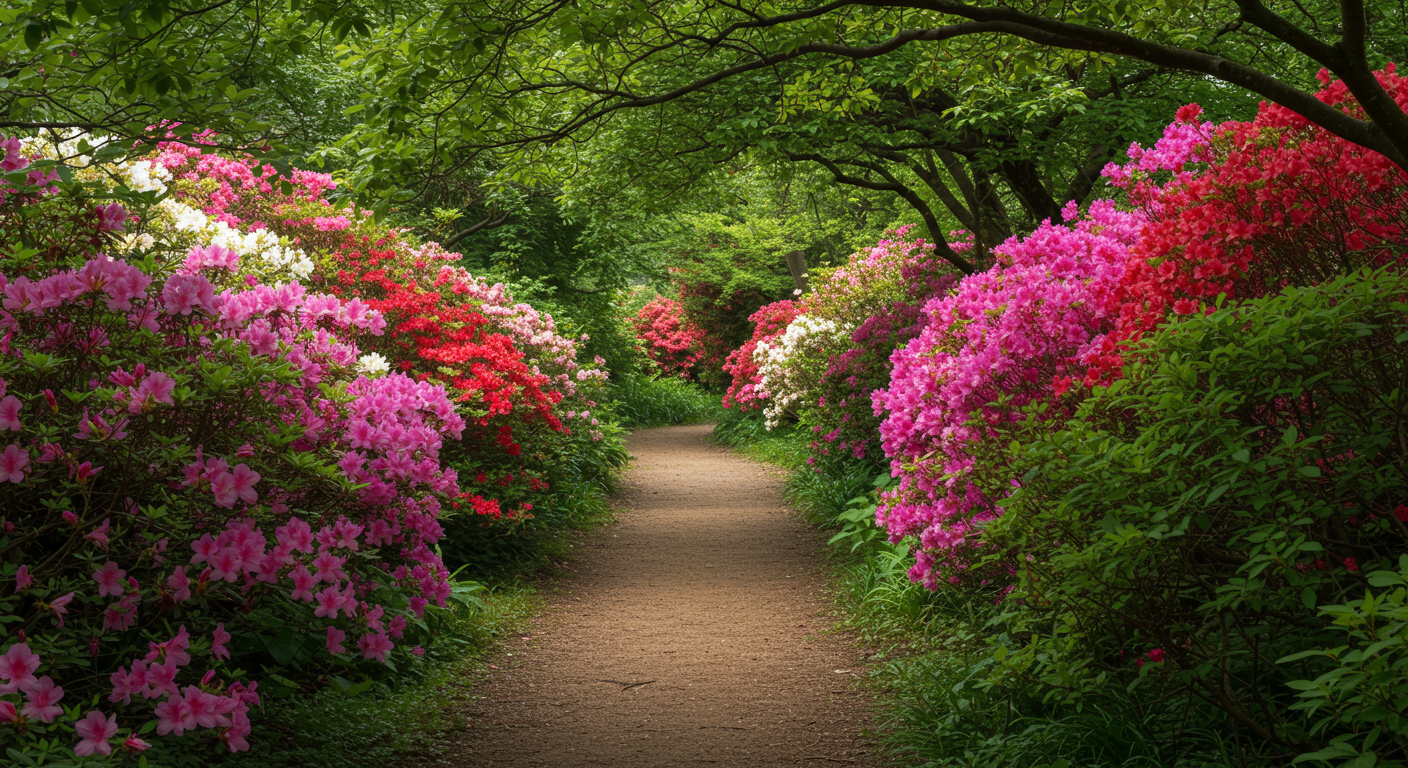 A pathway through Azaleas and Rhododendrons in Exbury Ornamental Botanical Gardens in Hampshire, UK.