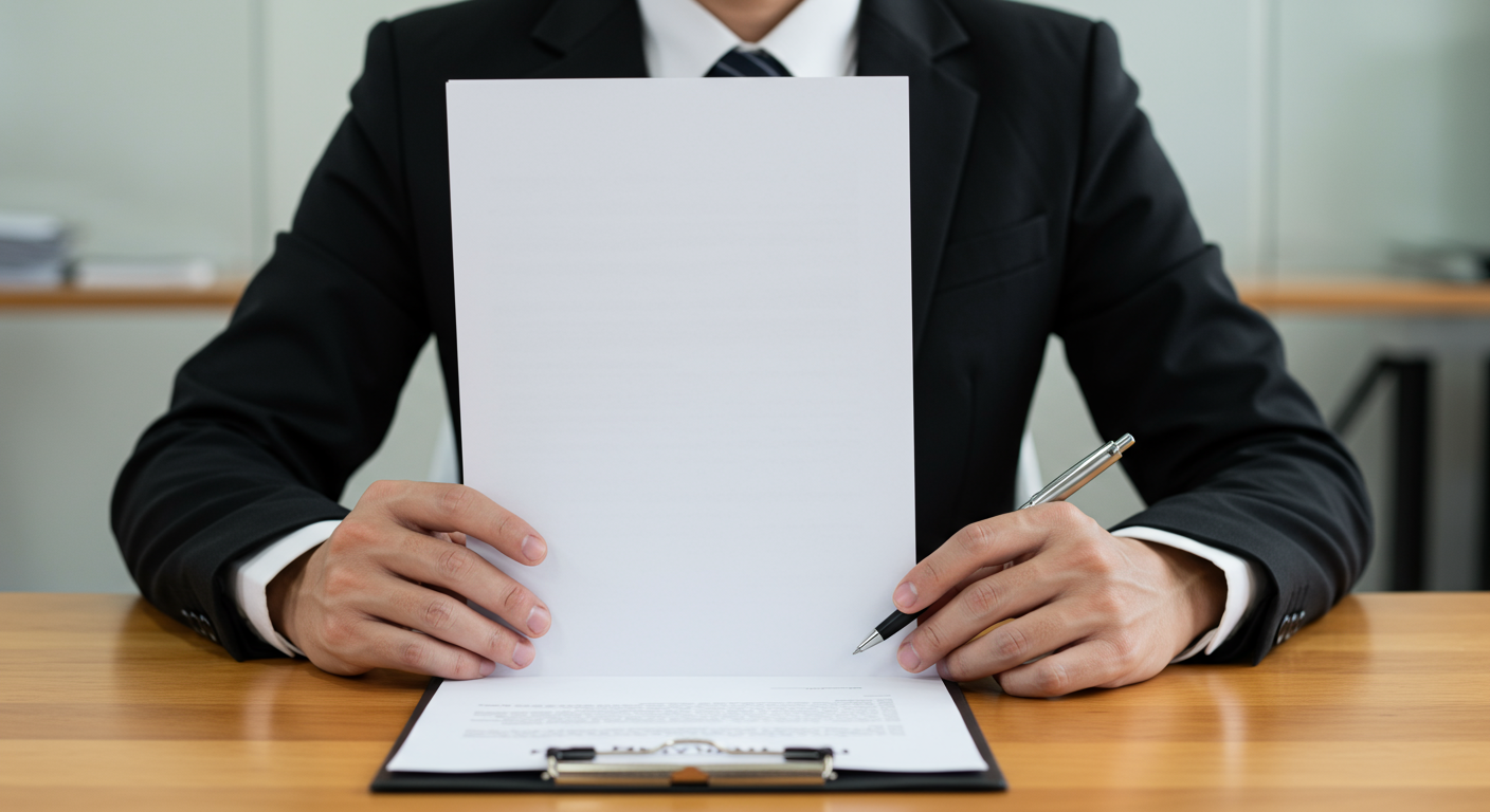 Suited person holds a blank sheet above a document on a clipboard, pen in hand.