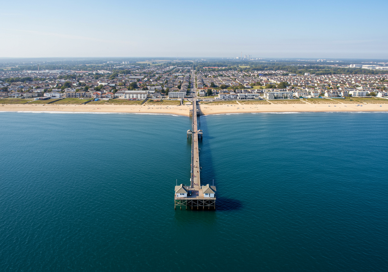 Aerial view of Seal Beach pier and coastline
