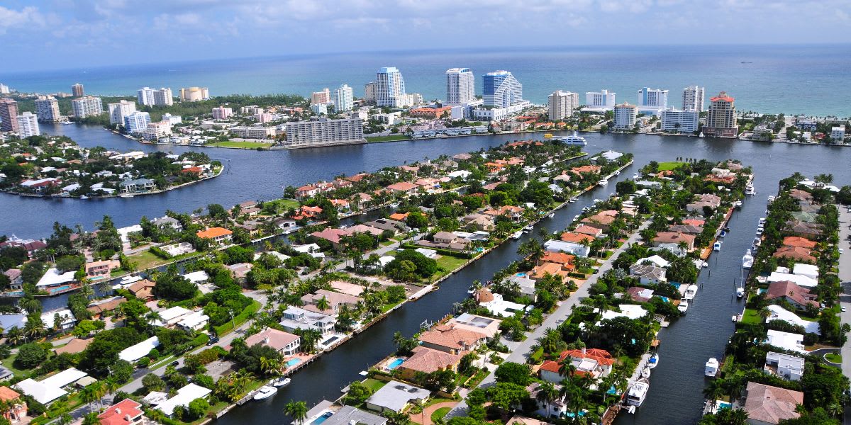 aerial view of a waterfront city