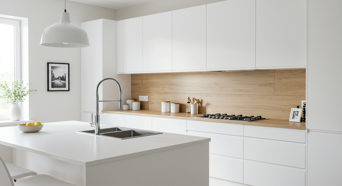 White kitchen with brown wood panelling