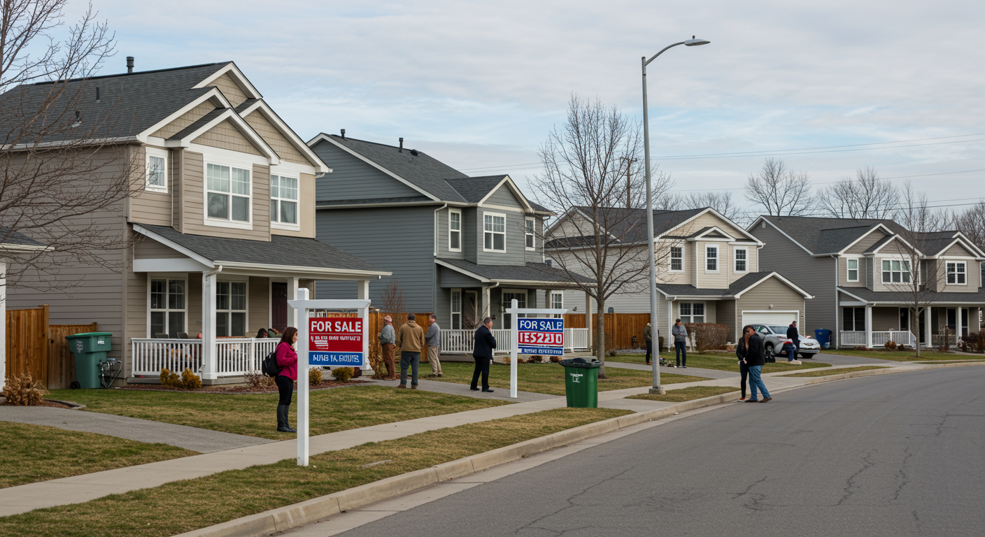 Suburban homes with FOR SALE signs on the lawns and people gathered along the sidewalk.