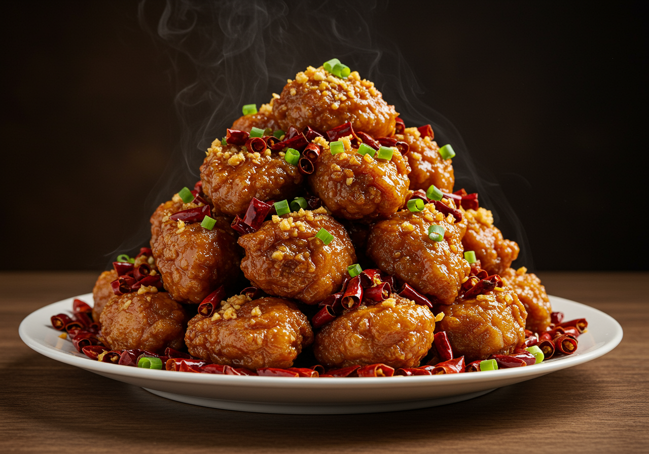 A plate of dry chili chicken.