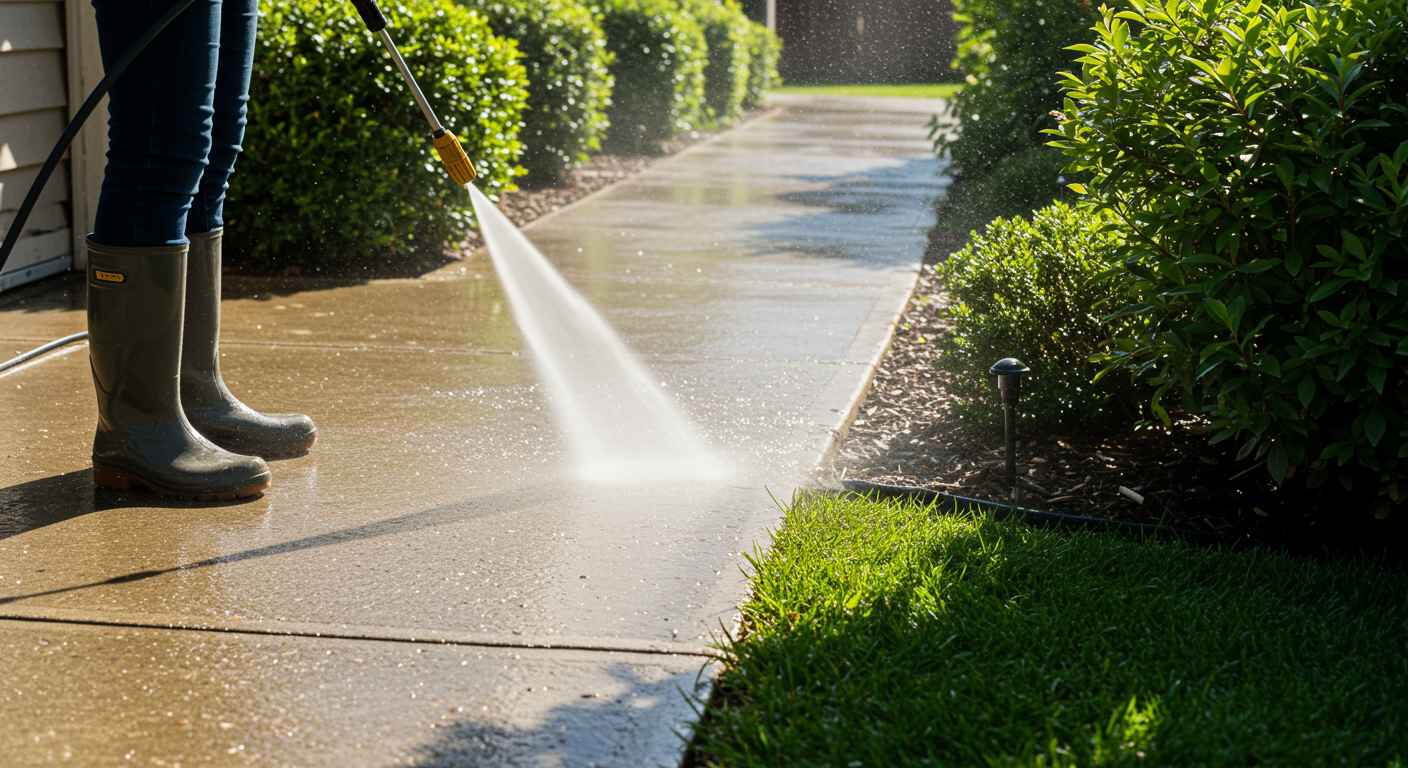 Person wearing boots and gloves power-washing a walkway