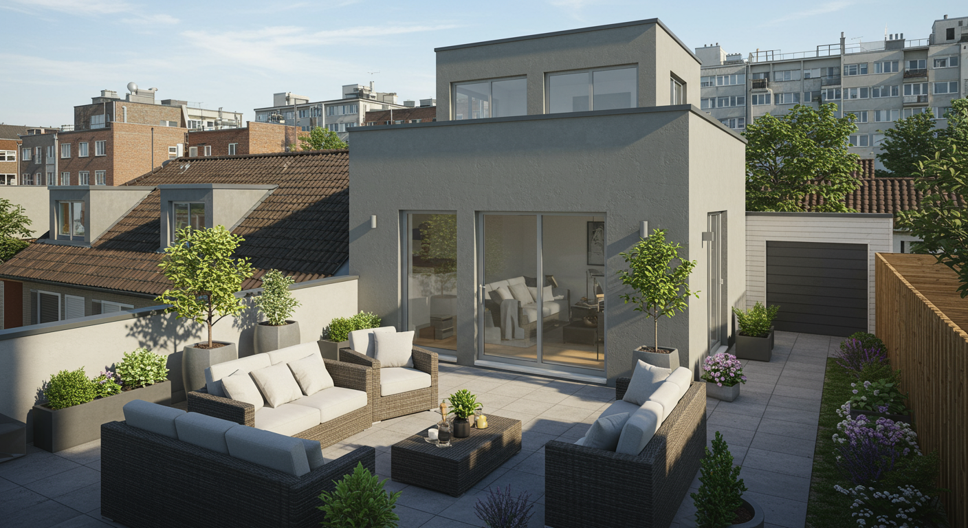 Furnished rooftop terrace with wicker lounge seating, potted greenery, and neighboring city buildings.