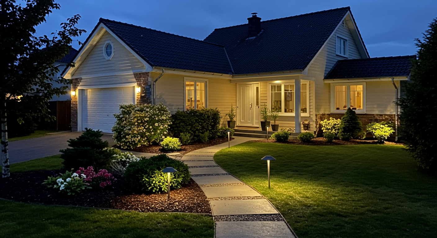Outdoor lights lighting up a garden and walkway