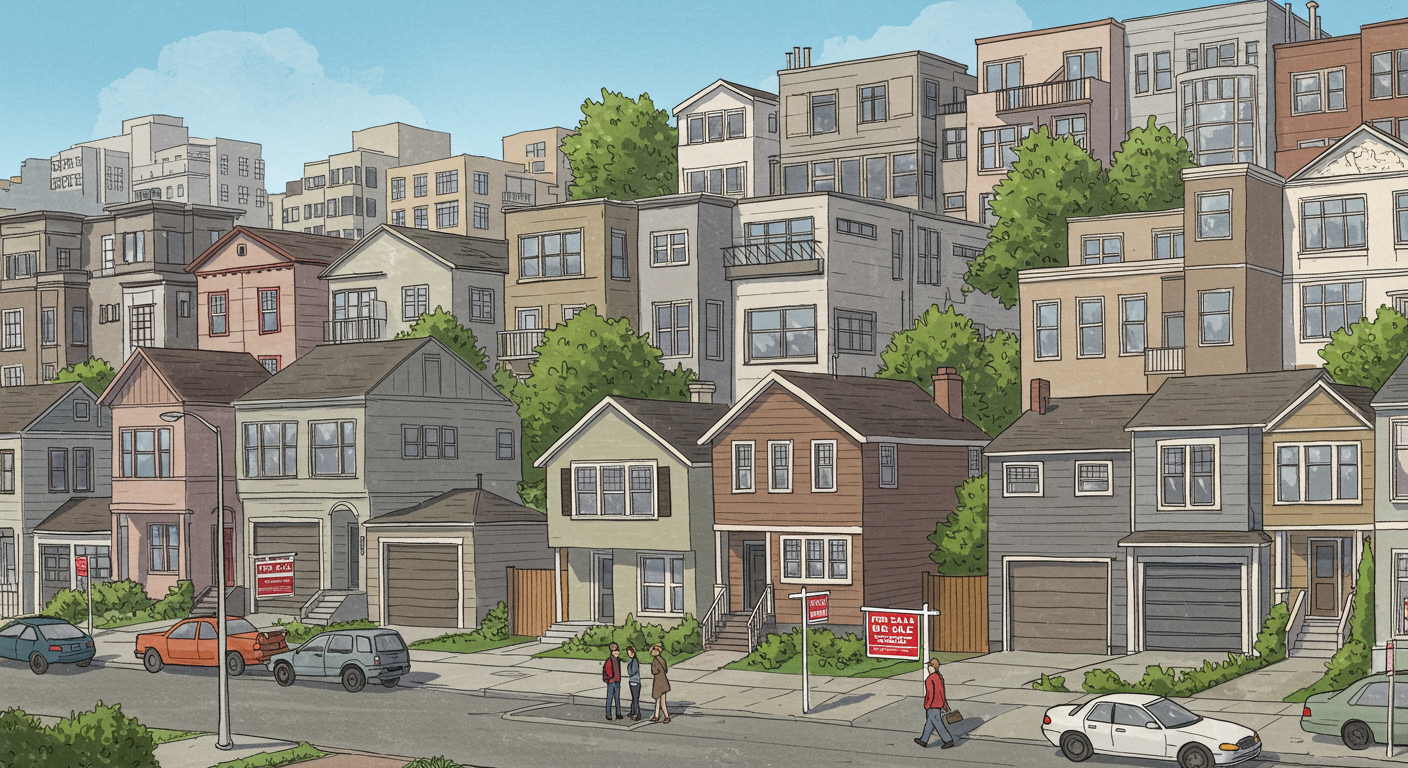 Illustrated residential street with varied homes, leafy trees, pedestrians, and For Sale signs.