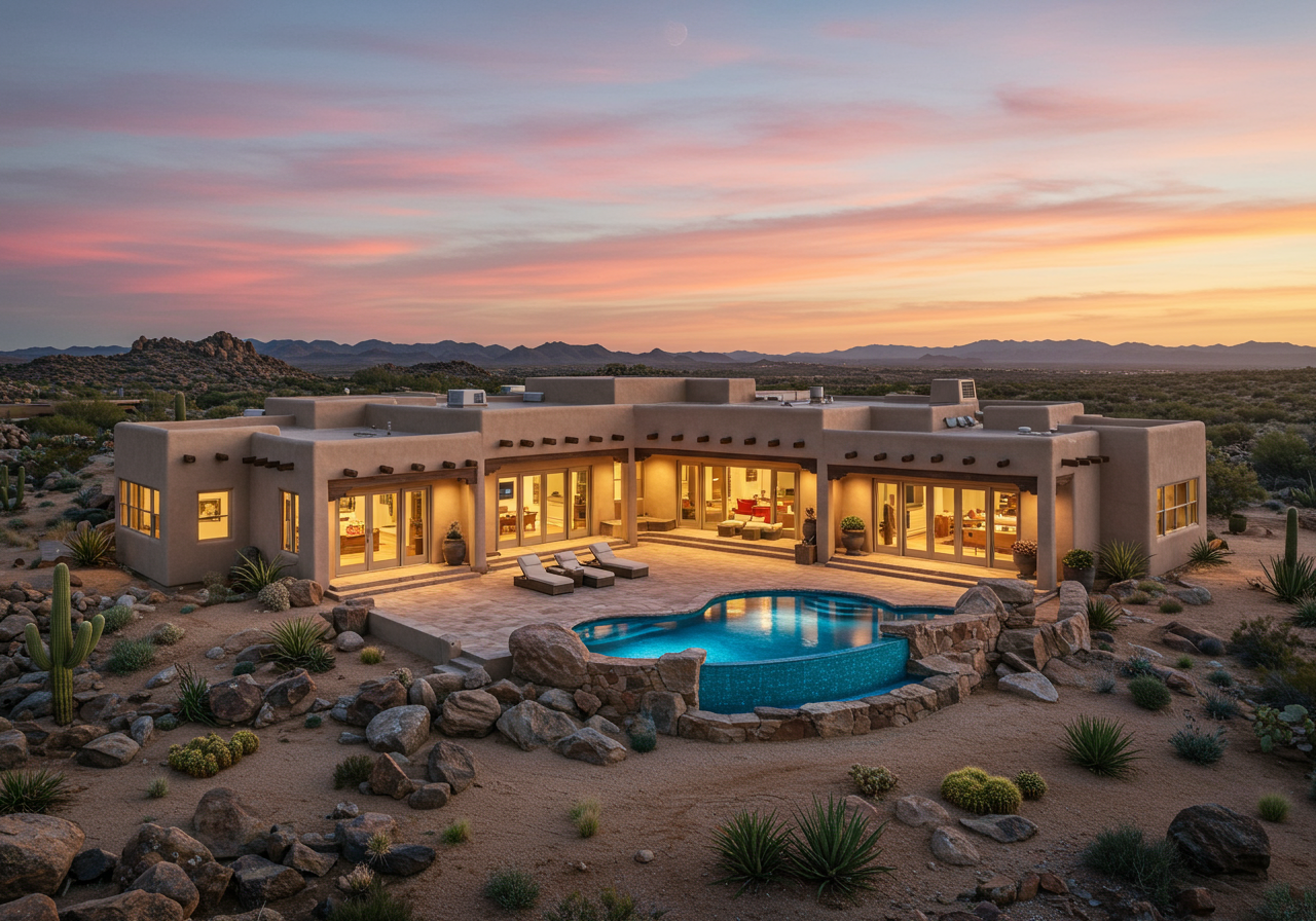 Luxury desert home with curved architecture, large windows, and a swimming pool nestled against a rocky hillside.