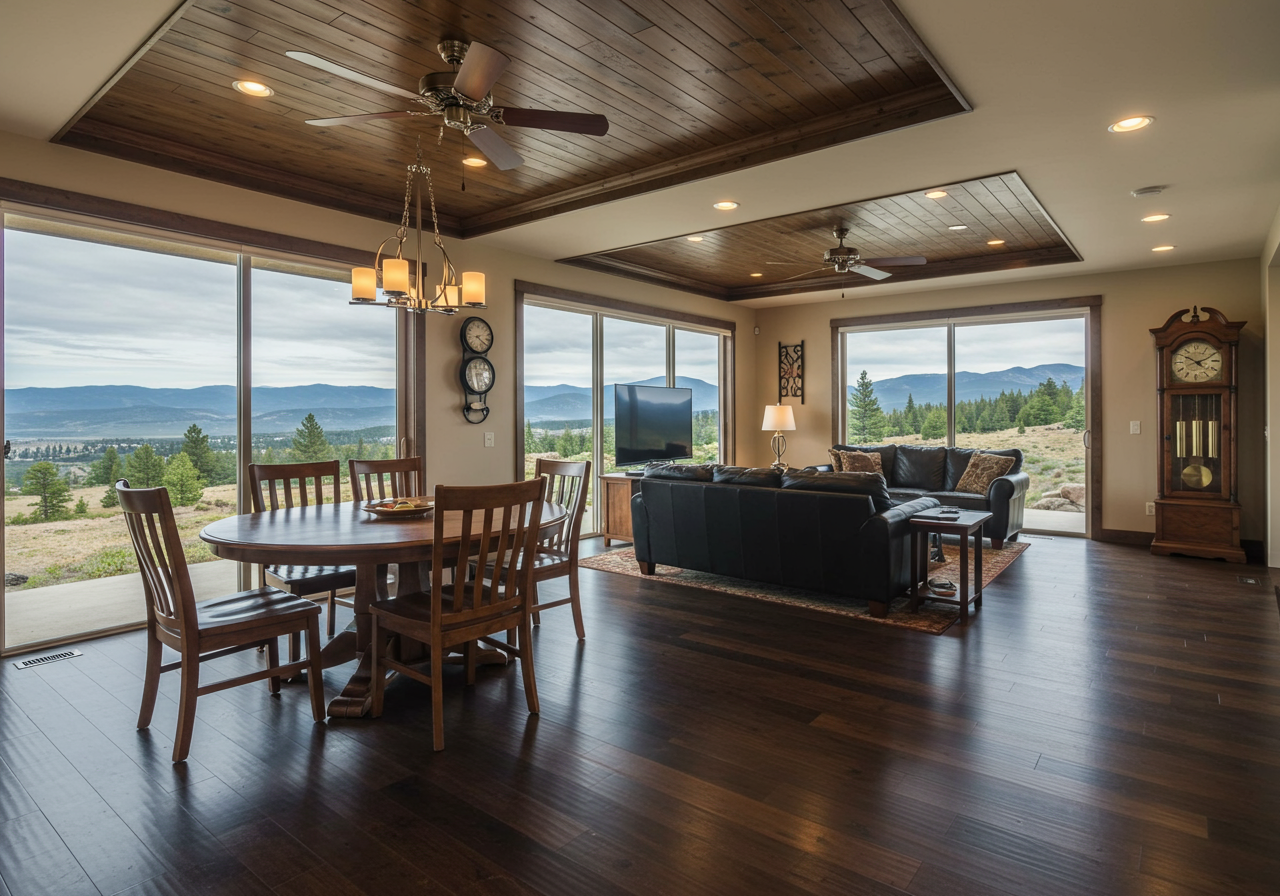 living and dining space in maui home with towering ceilings and large window that lets in ocean views