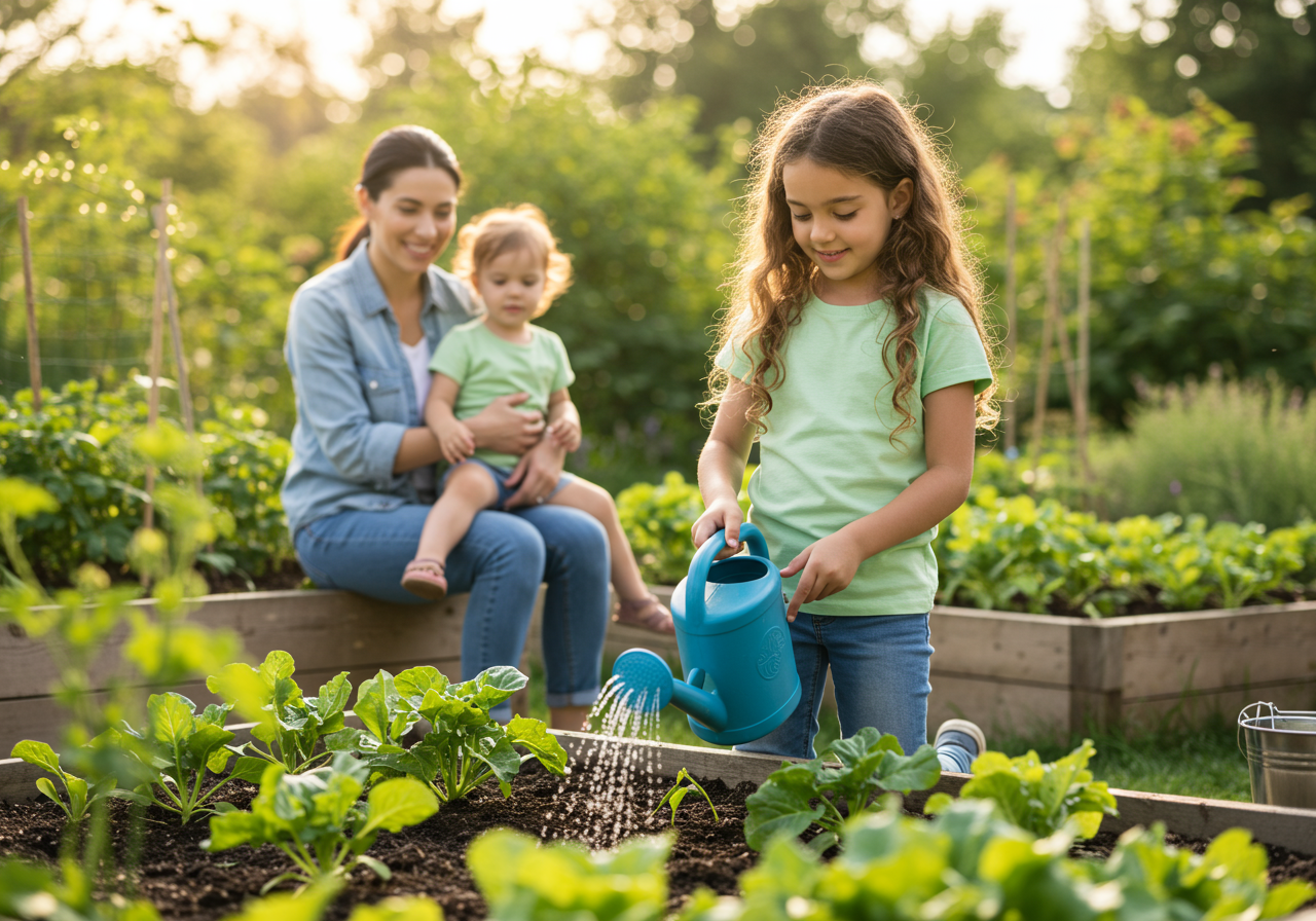 A family works in their home garden. The daughter waters the plants.