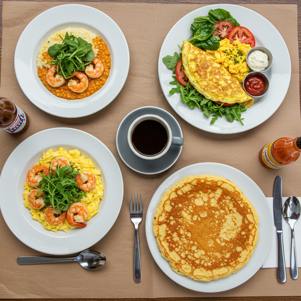 An assortment of plated dishes at Palmer's Village Cafe on St. Simons Island, GA