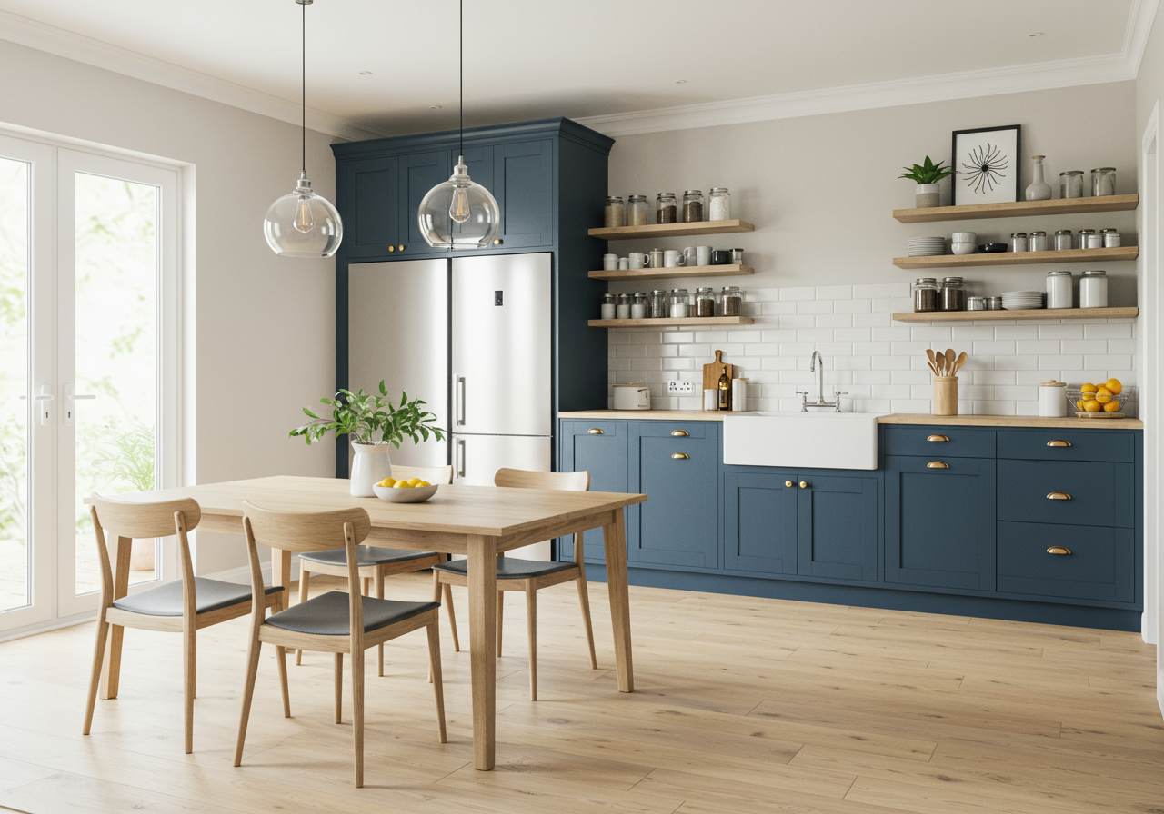 New kitchen and diner extension interior. Built onto the side of a listed historic building.