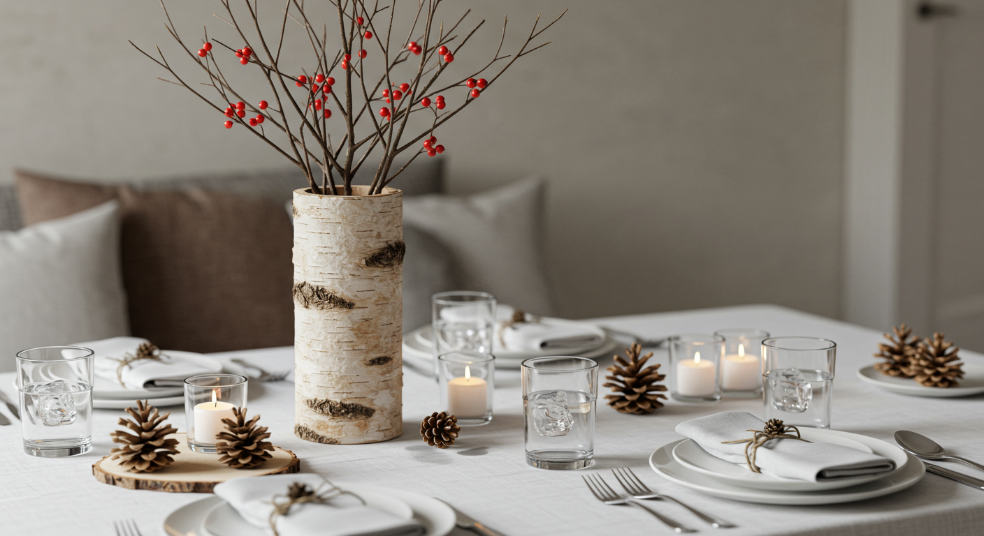 A birch vase on a dining table red berry branches inside.