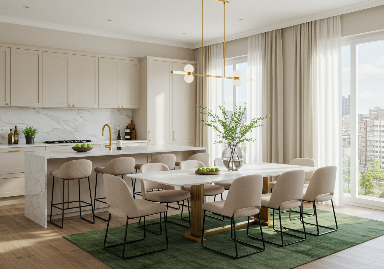 Staged dining area with full back chairs in cream colors and a white table