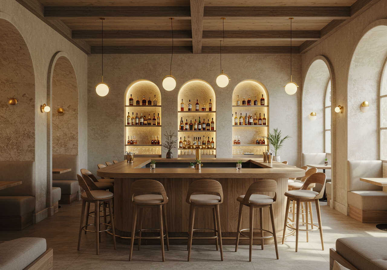 a rendering of a bar at a restaurant with bar stools