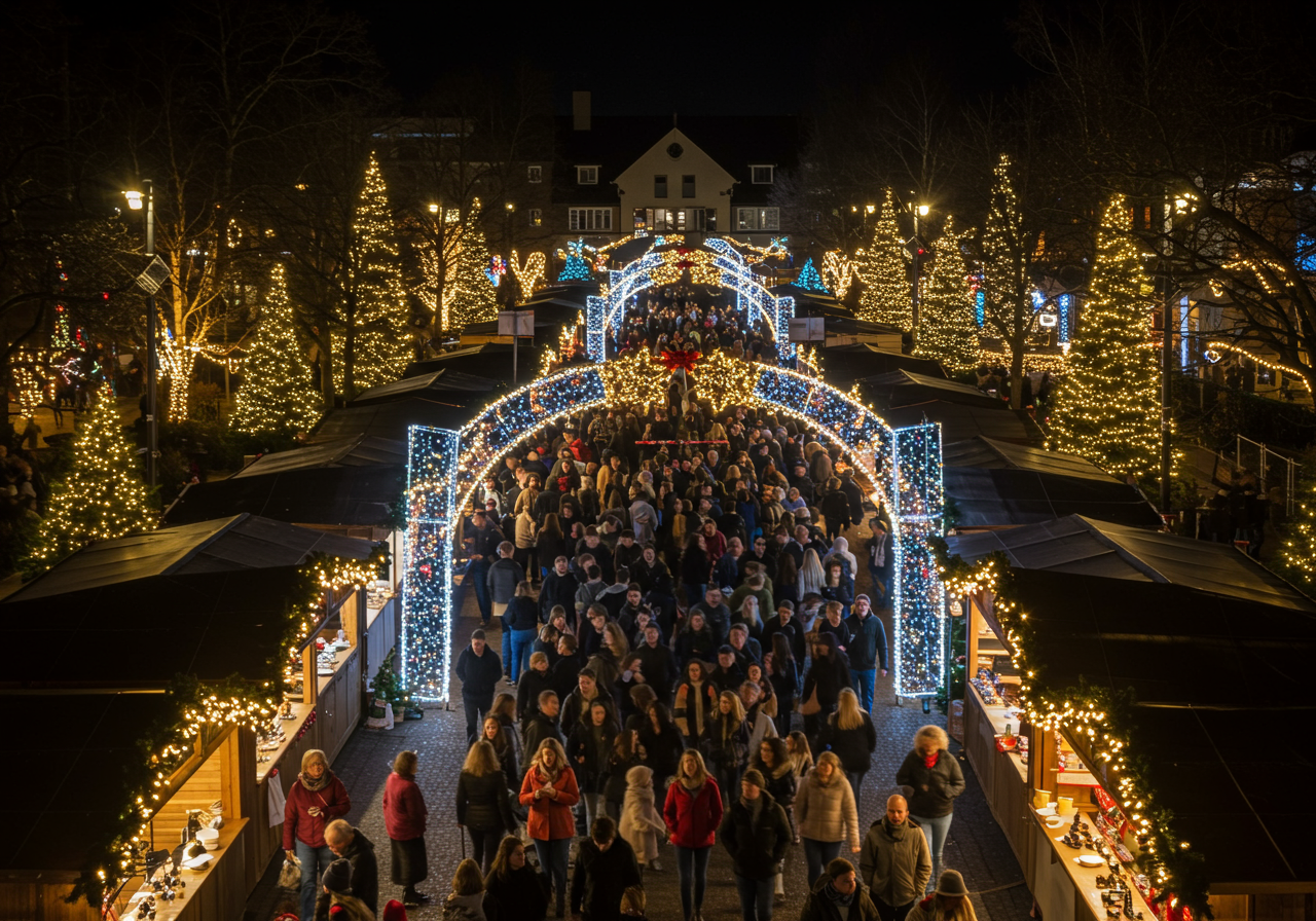 Crowds walk through vendors lit up with holiday lights at Enchant San Jose.