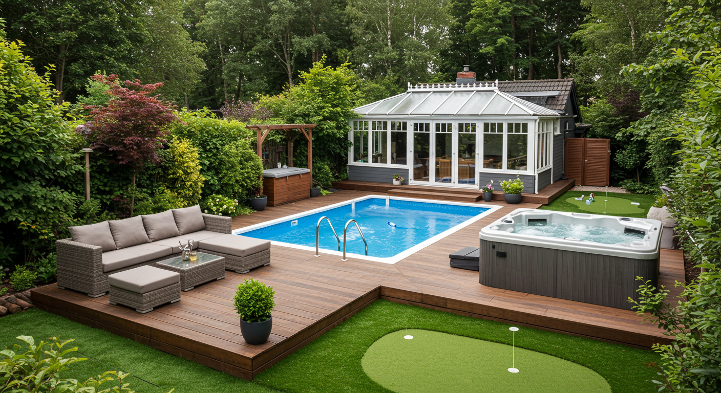 Backyard with a swimming pool, hot tub, wood deck, and small putting green.
