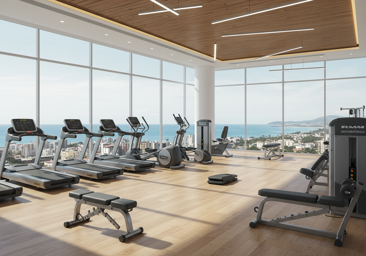 koula condo gym with lots of fitness equipment and ocean views