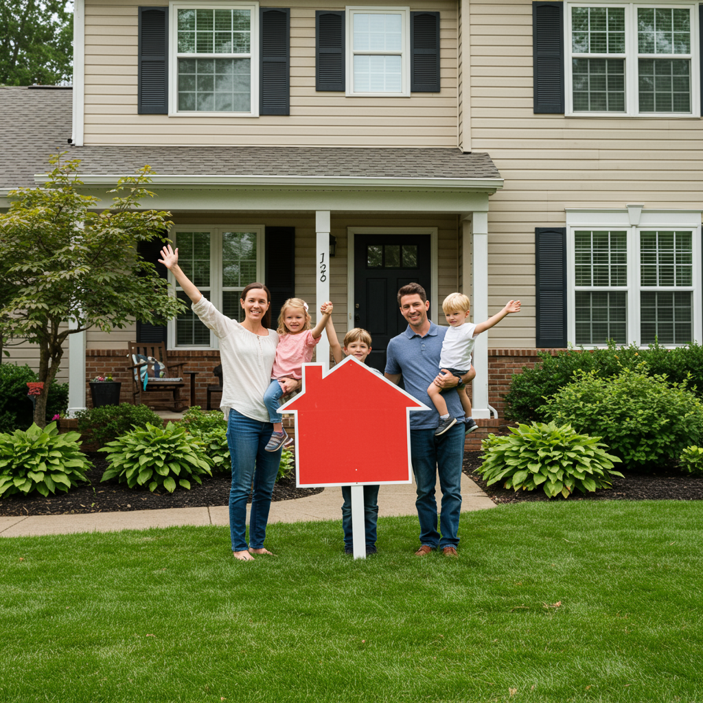 a family waving and holding a for sale sign