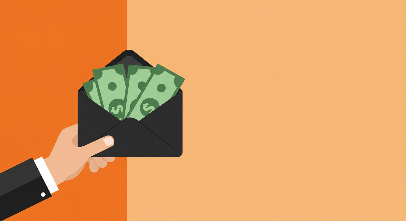 A suited hand holds an envelope filled with cash.