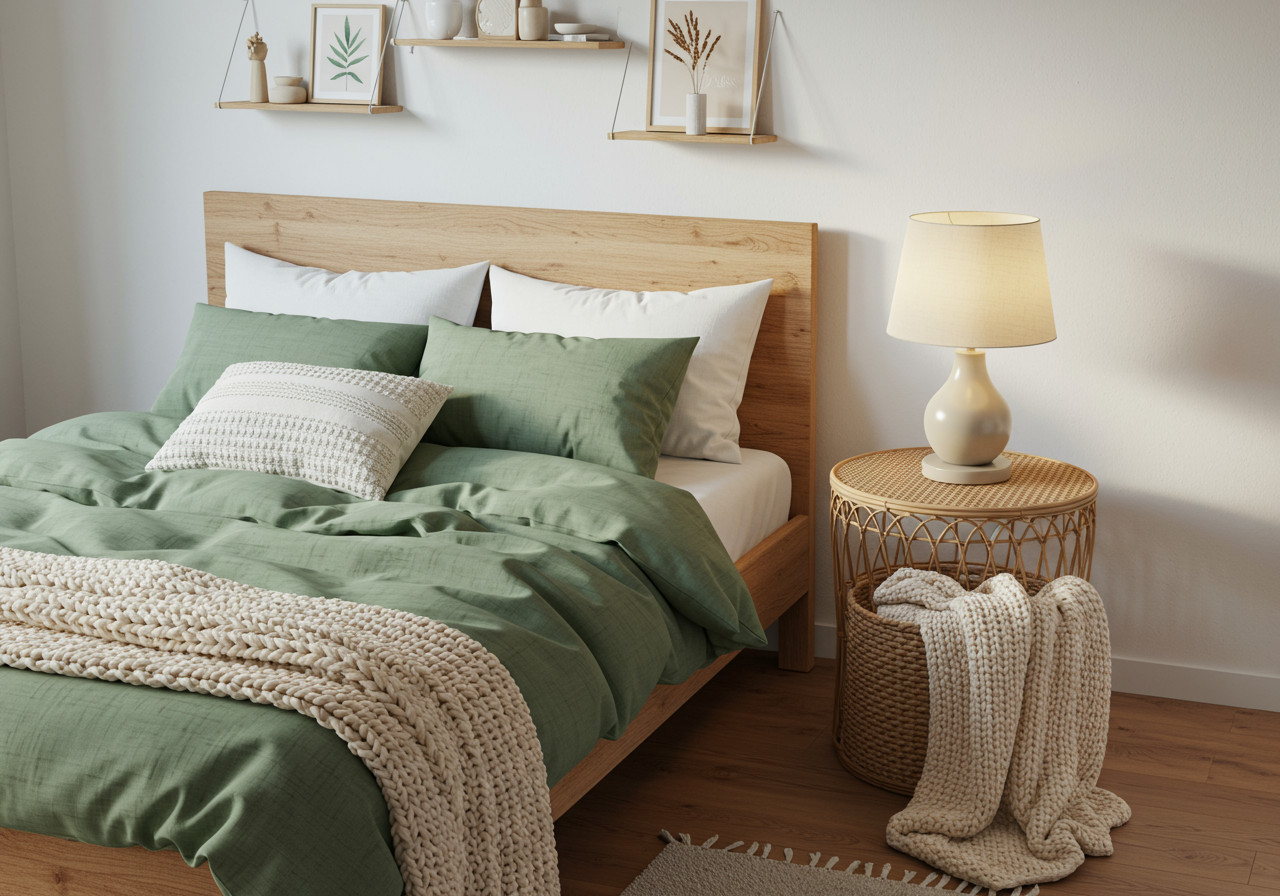 An olive-green bedspread in a chic bedroom. 